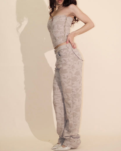 Beige Floral Jeans Crop Top Bandeau, Trousers Two Piece Set