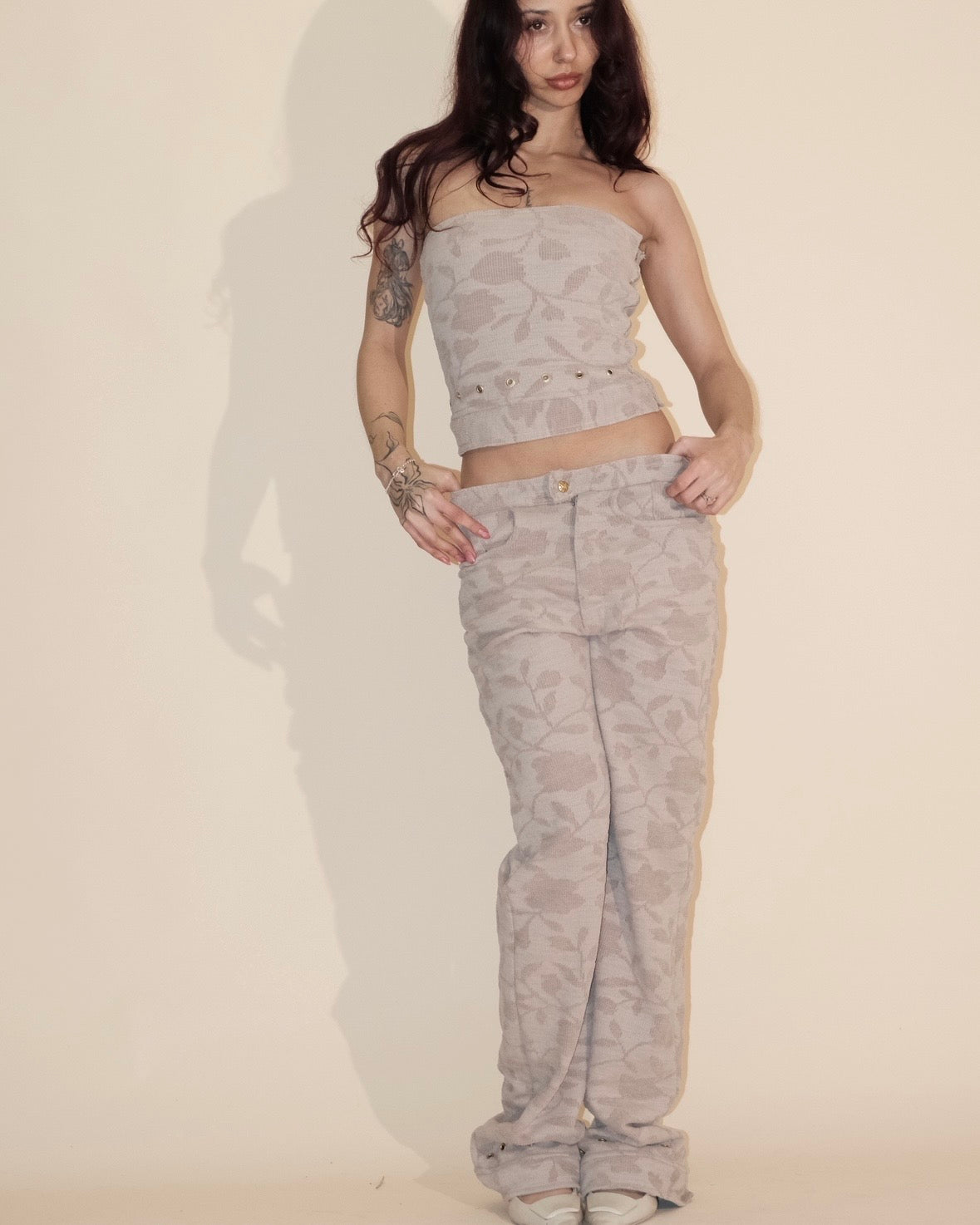 Beige Floral Jeans Crop Top Bandeau, Trousers Two Piece Set