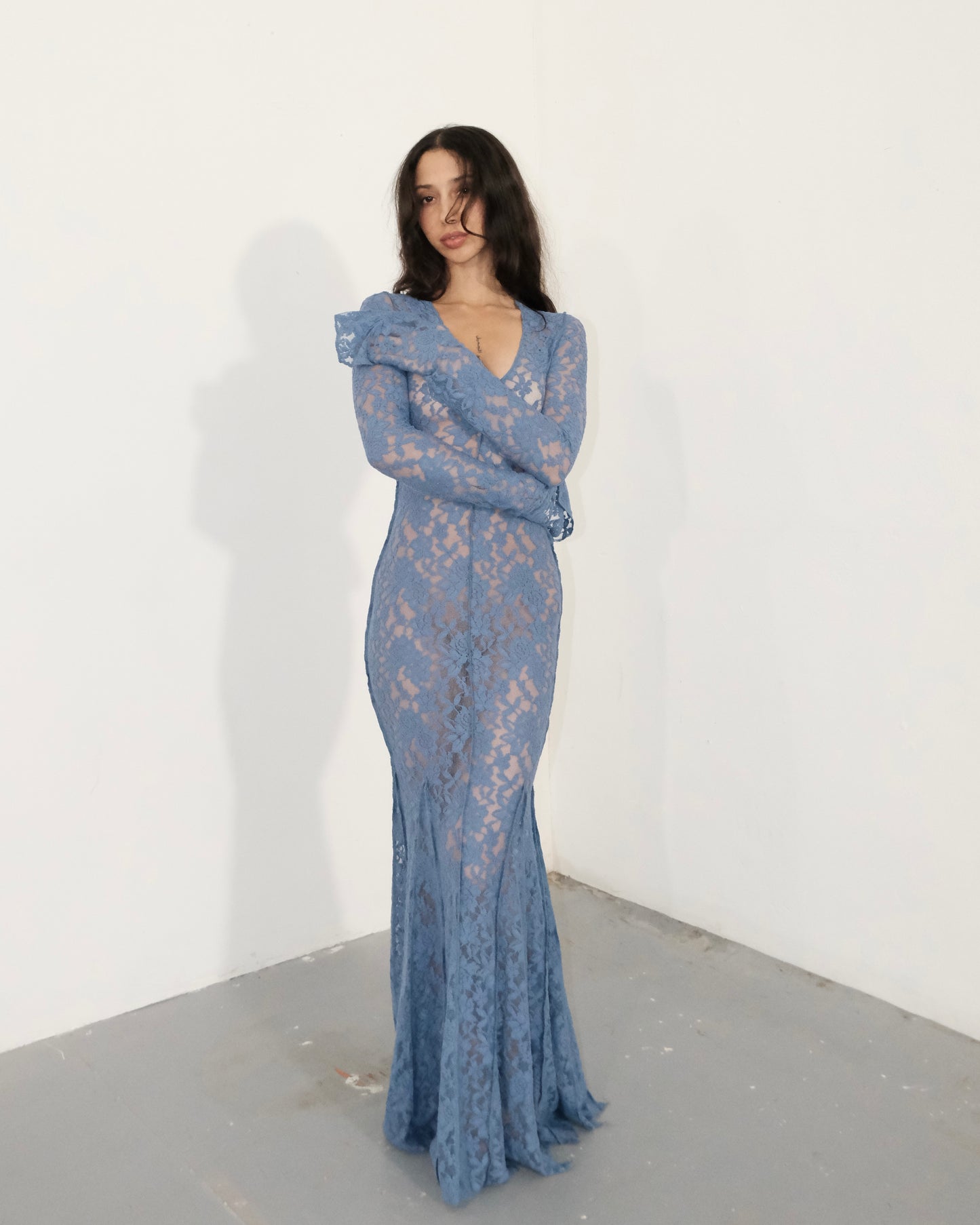 Blue Lace Floral Vintage Maxi Dress & Head Scarf (Optional)