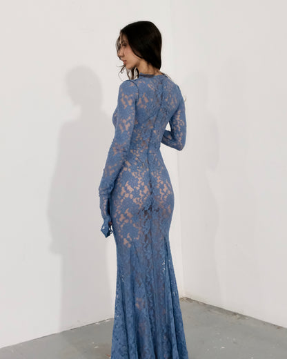 Blue Lace Floral Vintage Maxi Dress & Head Scarf (Optional)