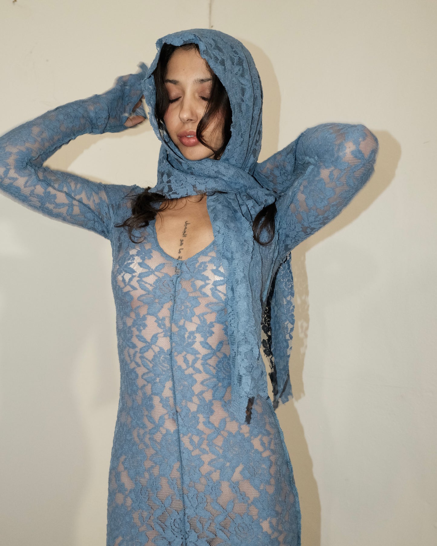 Blue Lace Floral Vintage Maxi Dress & Head Scarf (Optional)