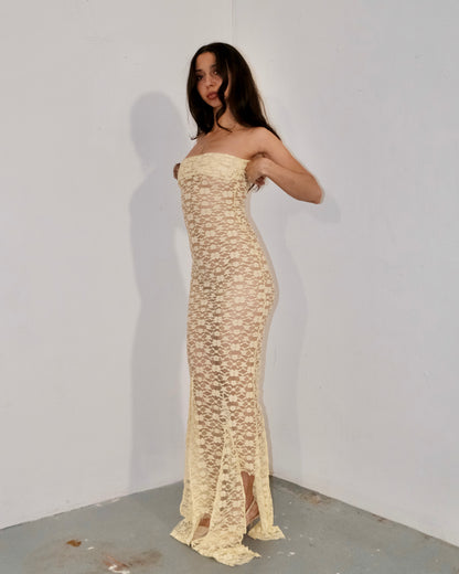 Butter Yellow Lace Bardot Top Stretch Midi / Maxi Dress