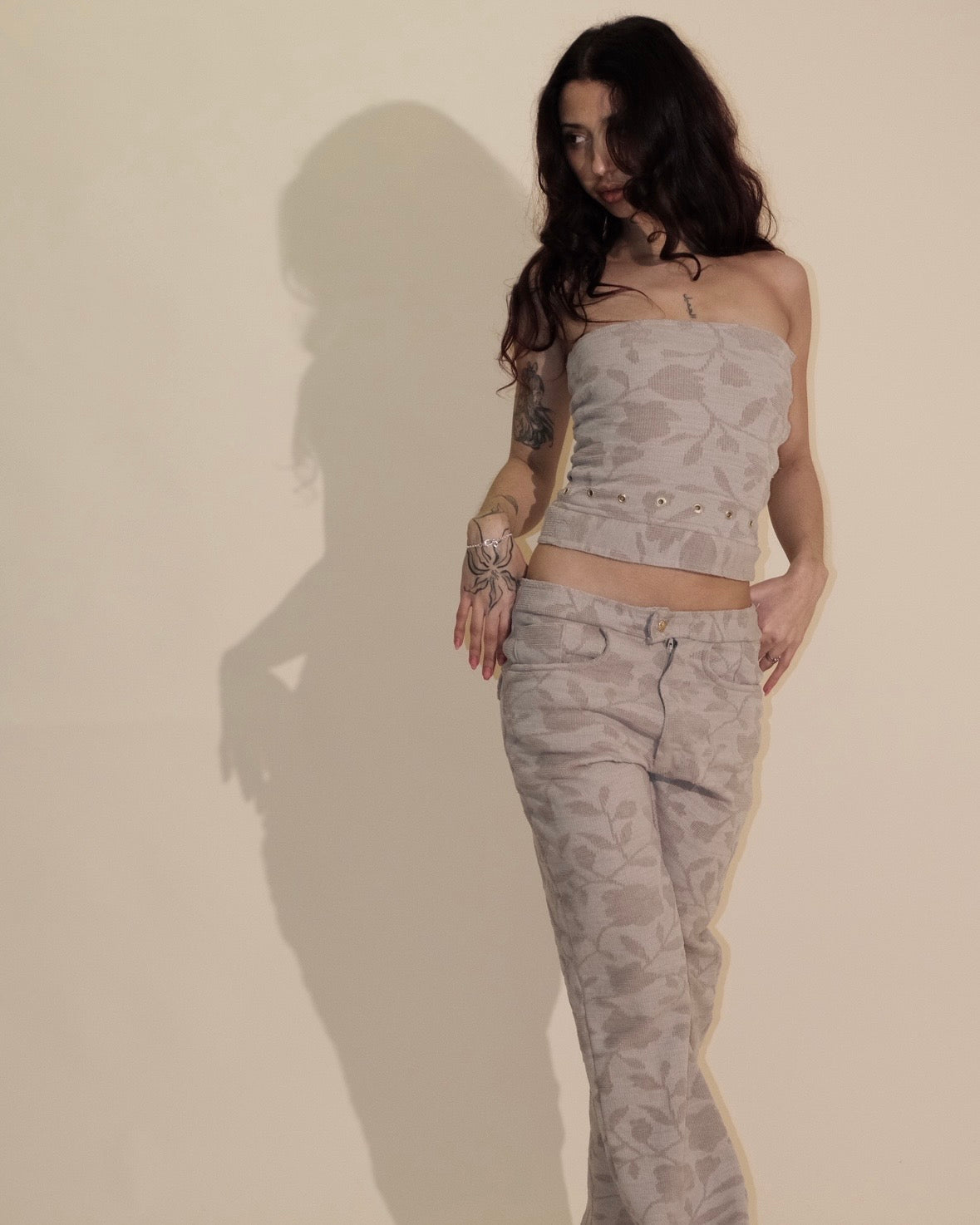 Beige Floral Jeans Crop Top Bandeau, Trousers Two Piece Set