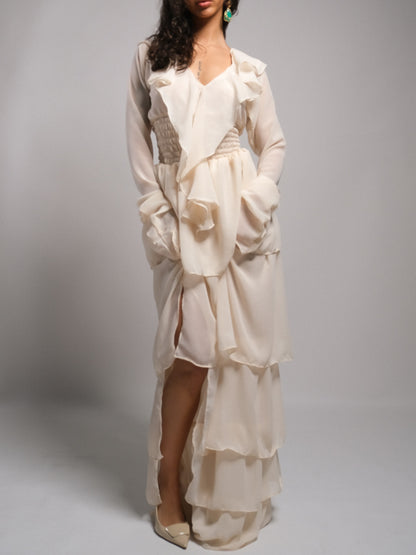 Cream Chiffon Maxi Dress with Ruffle Detail Handmade by Ensogirl