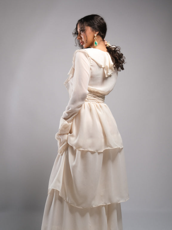 Cream Chiffon Maxi Dress with Ruffle Detail Handmade by Ensogirl | Ensogirl Cream Chiffon Maxi Dress with Ruffle Detail Handmade by Ensogirl | Ensogirl