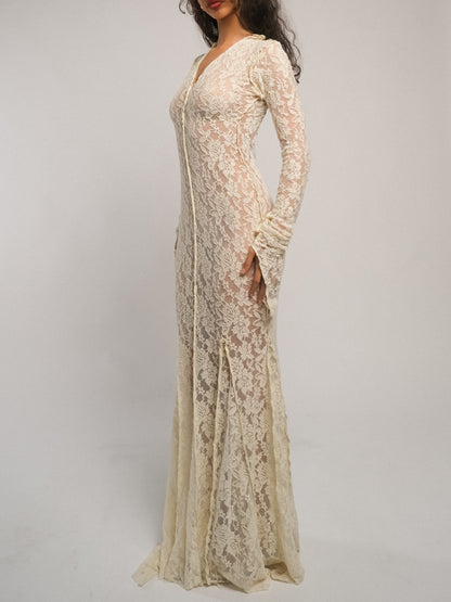 zenith cream lace maxi dress Lulus Zenith Cream Lace Maxi Dress Formal Wedding Gown Size XS Scalloped Bodice