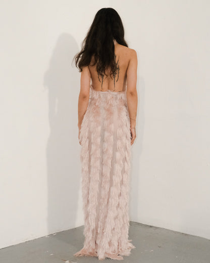 Pink Fringe Mesh Backless Maxi Dress