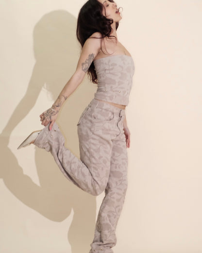 Beige Floral Jeans Crop Top Bandeau, Trousers Two Piece Set