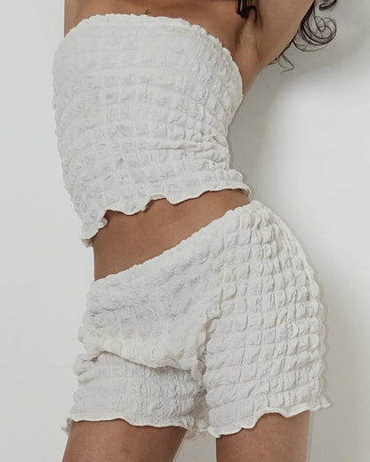 White Textured Two Piece Set | Bandeau Crop Top, Ruched Shorts | Custom Made Summer Outfit __etsy:8149138913