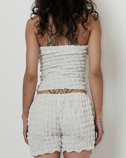 White Textured Two Piece Set | Bandeau Crop Top, Ruched Shorts | Custom Made Summer Outfit __etsy:8149138915