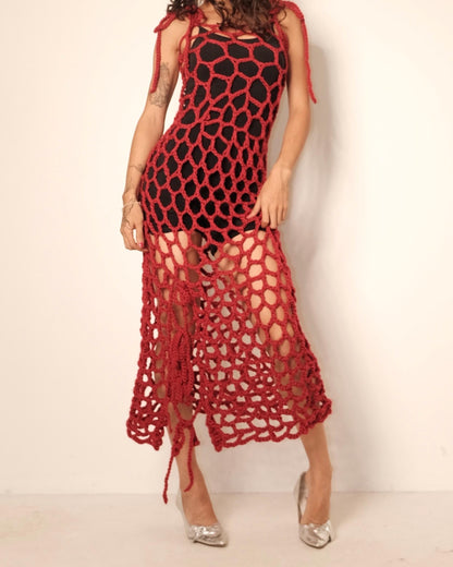 Red Crochet Midi Dress | Handmade Chunky Knit Open Weave Dress with Side Slit, Tie Shoulder Straps | Festival Party Statement Dress