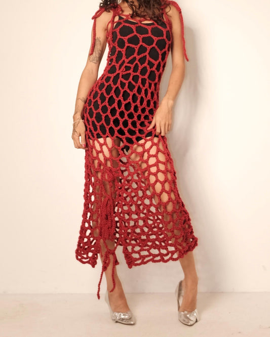 Red Crochet Midi Dress | Handmade Chunky Knit Open Weave Dress with Side Slit, Tie Shoulder Straps | Festival Party Statement Dress