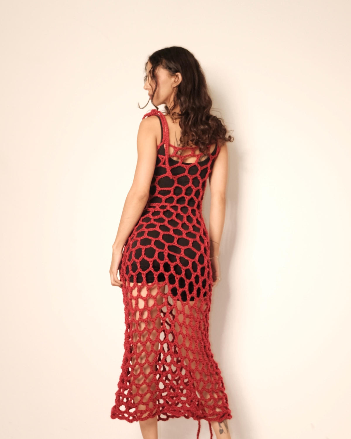 Red Crochet Midi Dress | Handmade Chunky Knit Open Weave Dress with Side Slit, Tie Shoulder Straps | Festival Party Statement Dress
