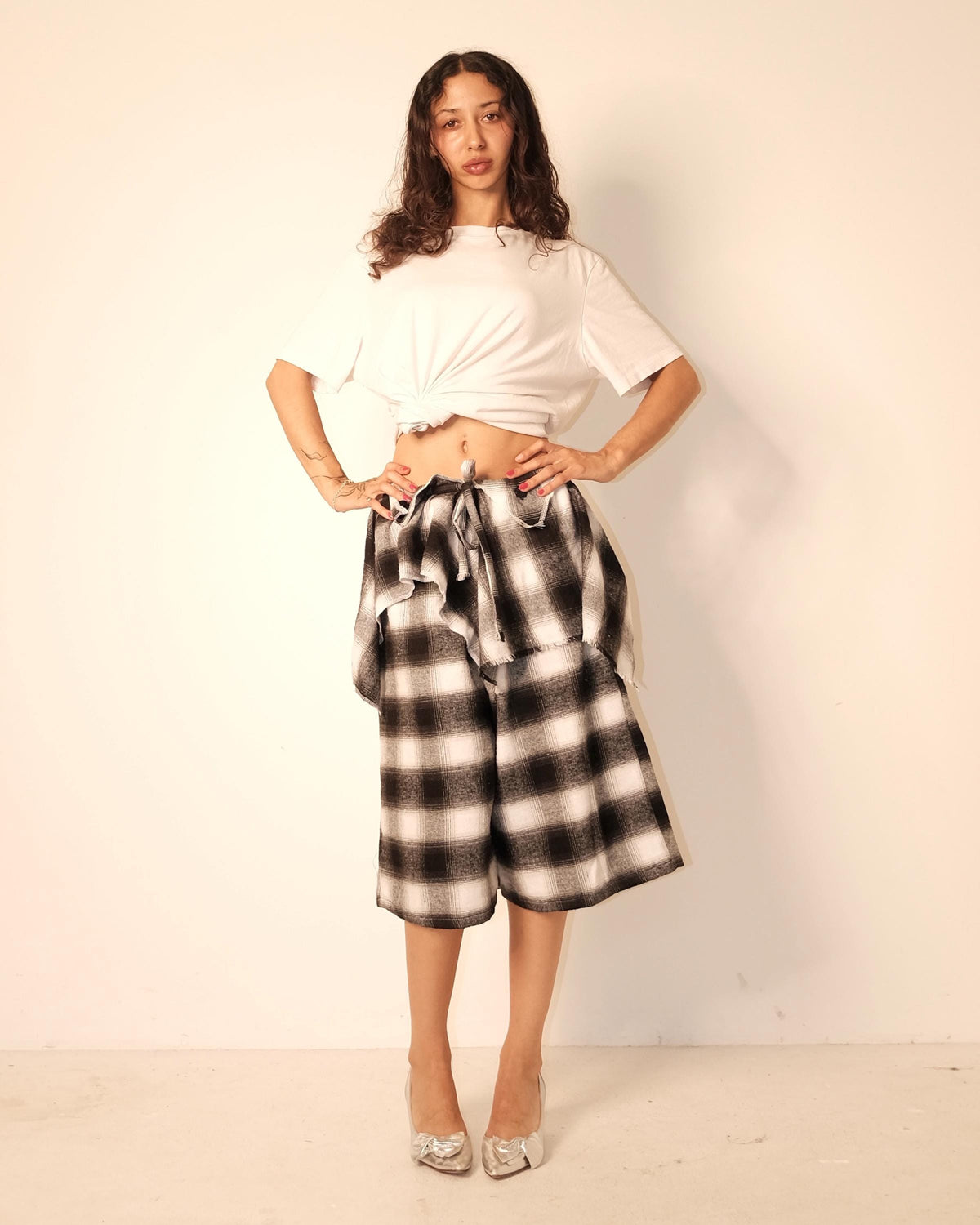 Handmade Plaid Flannel Wide Leg Shorts with Layered Overskirt Set | Grunge Streetwear Knee Length Jorts | One of a Kind Two Piece Outfit