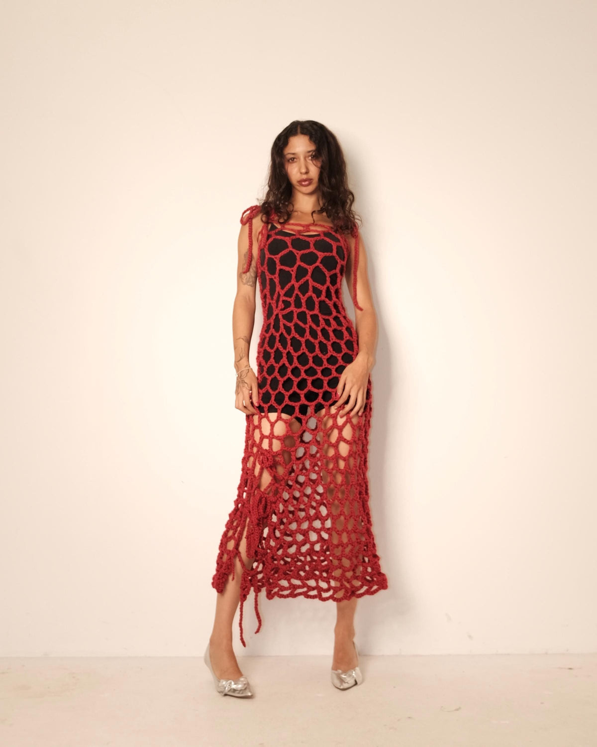 Red Crochet Midi Dress | Handmade Chunky Knit Open Weave Dress with Side Slit, Tie Shoulder Straps | Festival Party Statement Dress