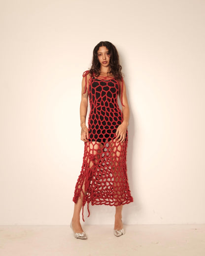 Red Crochet Midi Dress | Handmade Chunky Knit Open Weave Dress with Side Slit, Tie Shoulder Straps | Festival Party Statement Dress