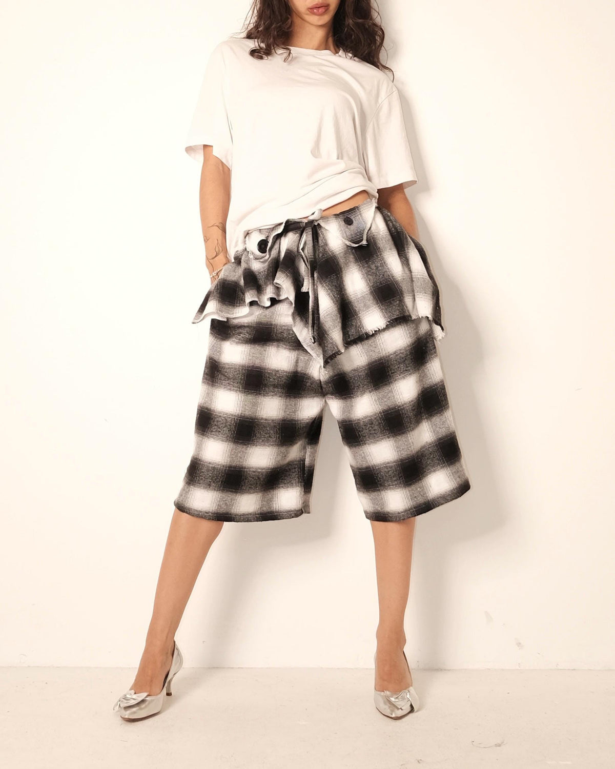 Handmade Plaid Flannel Wide Leg Shorts with Layered Overskirt Set | Grunge Streetwear Knee Length Jorts | One of a Kind Two Piece Outfit