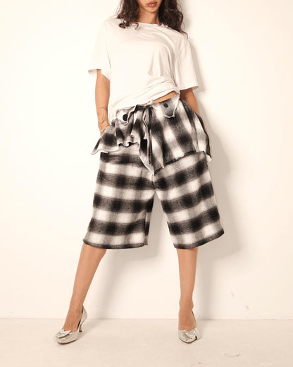 Handmade Plaid Flannel Wide Leg Shorts with Layered Overskirt Set | Grunge Streetwear Knee Length Jorts | One of a Kind Two Piece Outfit