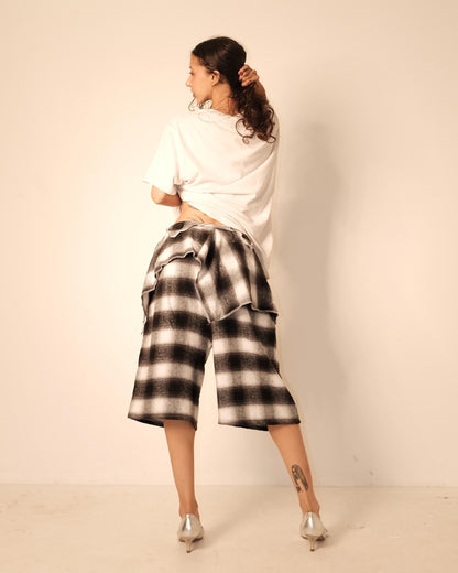 Handmade Plaid Flannel Wide Leg Shorts with Layered Overskirt Set | Grunge Streetwear Knee Length Jorts | One of a Kind Two Piece Outfit